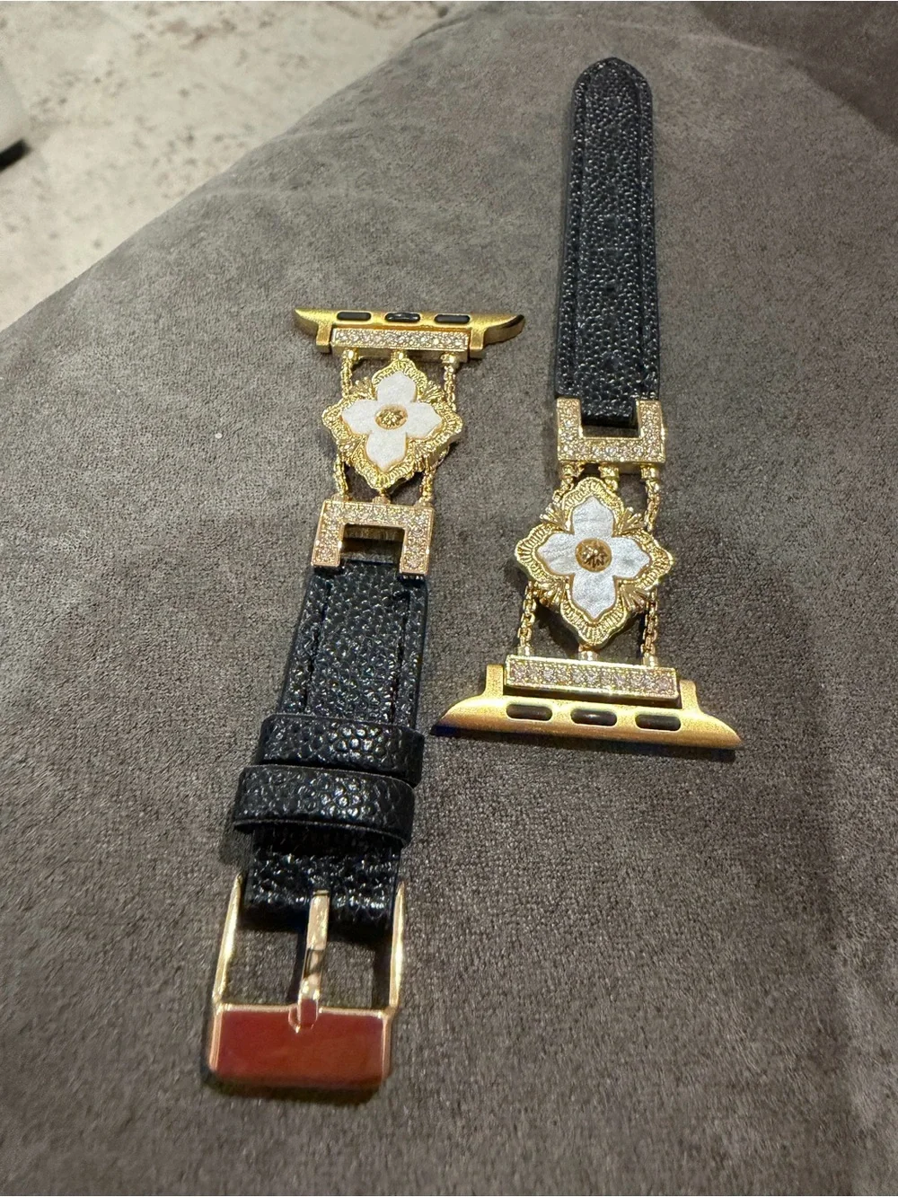Black Leather Apple Watch Band with Gold Floral Accents 38-49mm